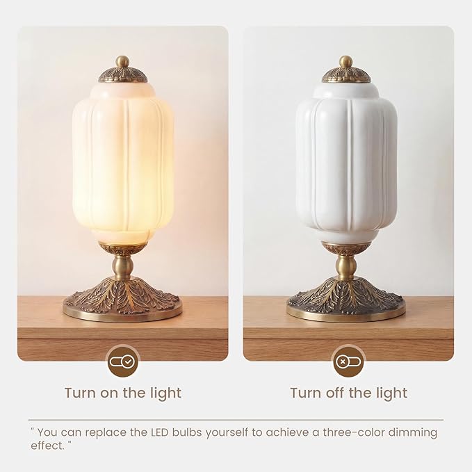 Milk Glass Table Lamp - Modern Farmhouse Design with Antique Brass Finish Base, White Desk Light for Living Room & Bedroom Decor (White 15")
