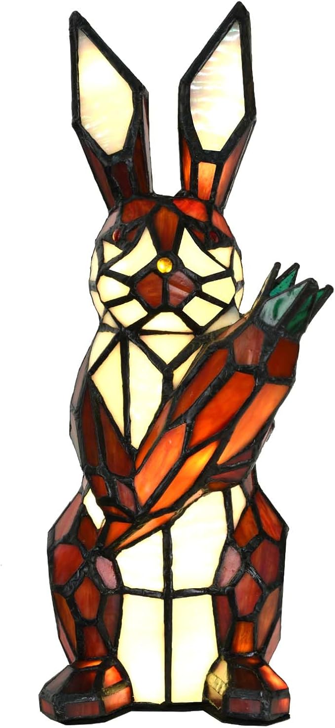 Bieye L10946 Rabbit Holds Carrot Tiffany Style Stained Glass Accent Table Lamp for Home Decor (Red)