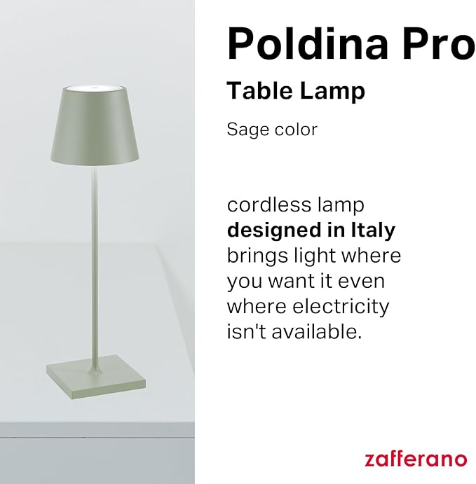 Zafferano, Poldina Pro Lamp, Rechargeable Cordless Table Lamp with Touch Controls, Suitable for Indoor and Outdoor, Dimmer, 2200-3000 K, Height 14.9 Inches, Sage Green Color