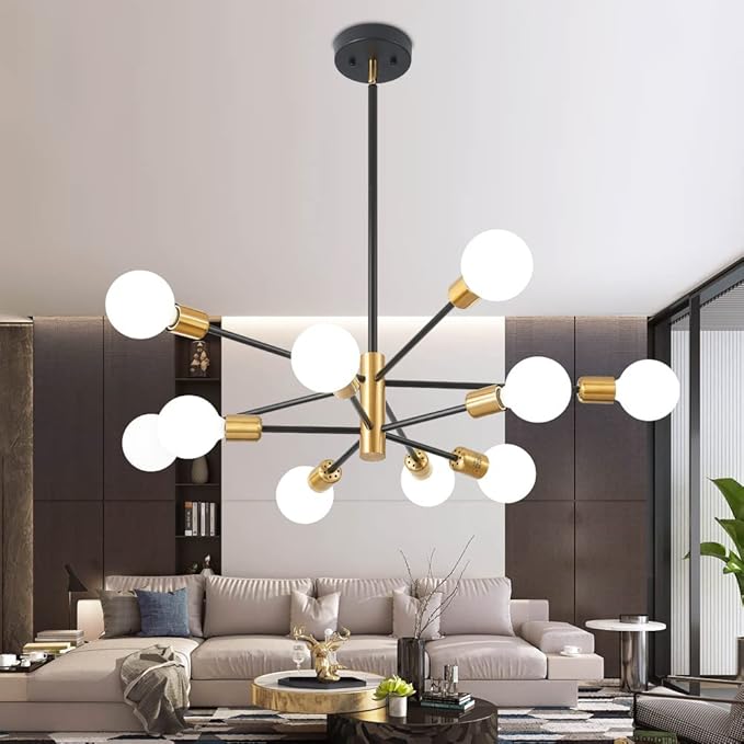 Sputnik Chandeliers Black and Gold Chandelier Modern Pendant Light Fixture Mid Century Industrial Ceiling Lighting 10 Lights for Dining Room, Kitchen, Bedroom, Living Room and Farmhoue