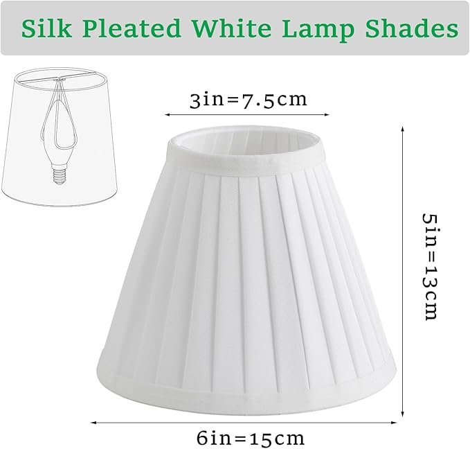 6 Pack White Silk Pleated Chandelier Shades, 3" Top x 6" Bottom x 5" High, 3x6x5 Inch Clip On E12 Bulb, Pendant Light Wall Sconce Lamp Shade, Silk-Pleat Handmade Barrel Lampshades Covers(Small Size)