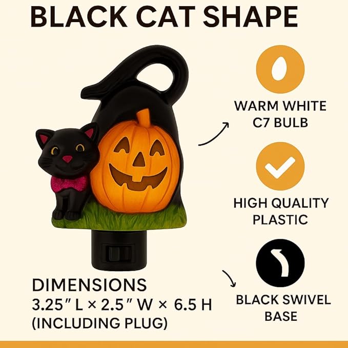 Novelty Lights LED Lamp Pumpkin with Black Cat Halloween Decoration Night Light with Swivel Plug