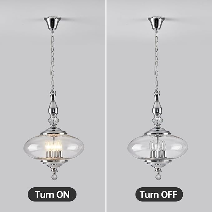 5 Light Chrome Chandelier Modern Glass Large Pendant Light H 27.5" x W 15.7" for Kitchen Island, Dining Room, Stairwells, Hallway. E12 Bulb