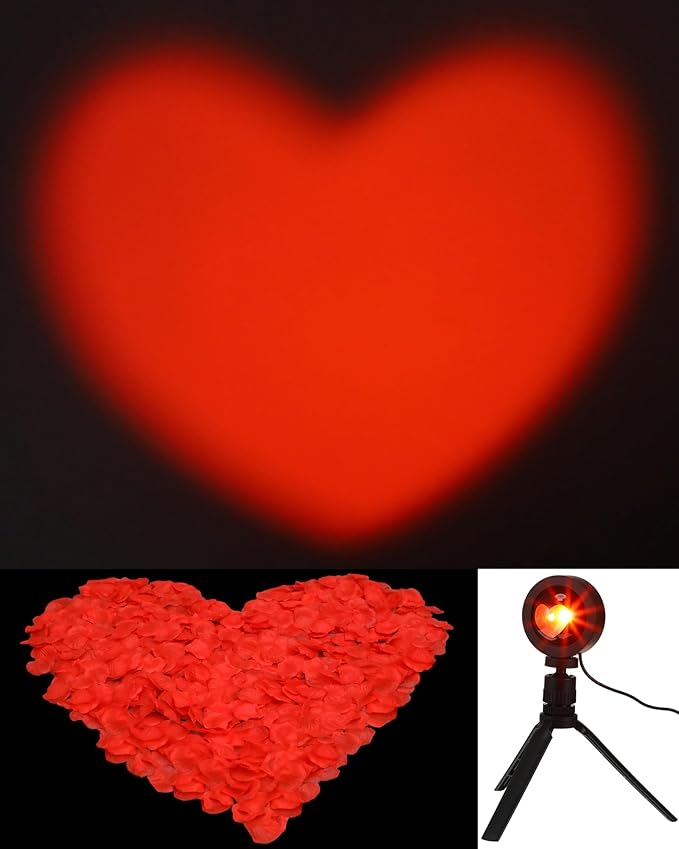 Heart Shaped Projection Lamp with 1000 Rose Petals Valentine's Day Sign Novelty Indoor Lamps USB Powered Romantic Night Light for Him Room Decorations Marry Me Proposal Weddings (Red)