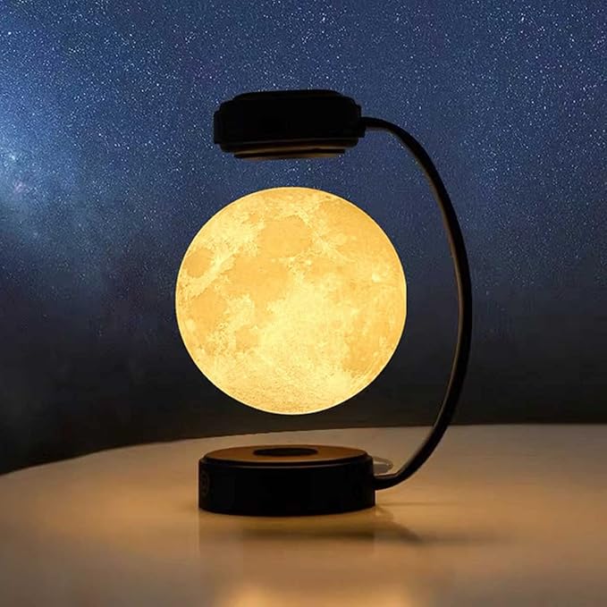 Levitating Moon Lamp Floating LED Night Lights with Luxury Iron Bracket 3D Printed Moon Light, 3 Colors Modes for Home Office Room Decor,Black