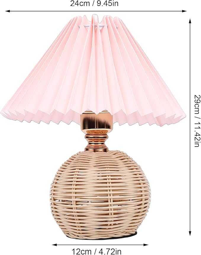 Hyuduo Pleated Table Lamp, Soft Yellow Light with Linen Lampshade and Rattan Base Bedside Lamp for Bedroom Nightstand, 10 Inch Shade 15 Inch Height Warm Glow Accent Light, Ideal for (Pink)