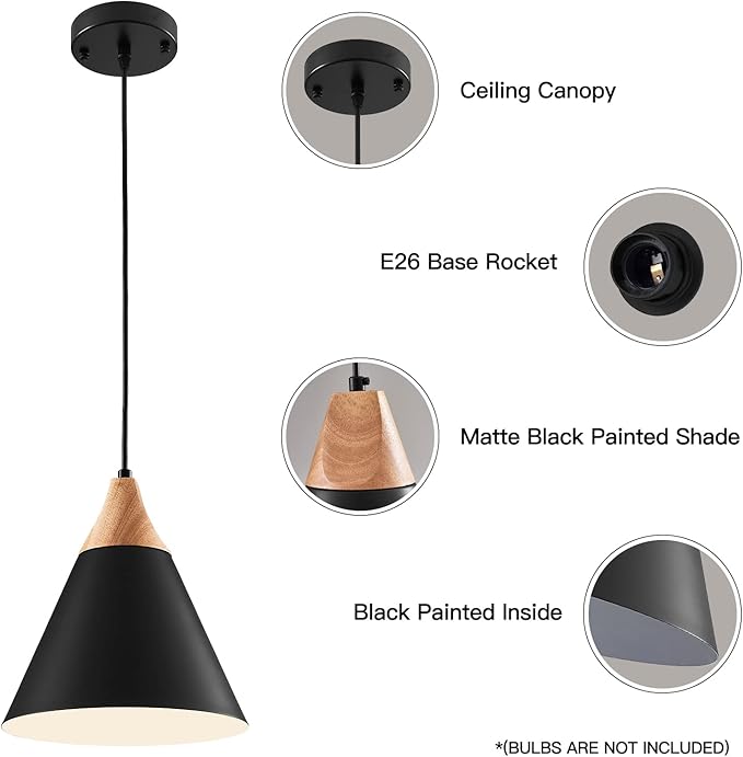 Black Pendent Light Fixtures 1 Pack 9.4 inches,Wood and Metal Kitchen Island Lights Ceiling Hanging,Pendant Lights Kitchen,Farmhouse Kitchen Light Fixtures for Bedroom,Hallway,Bar