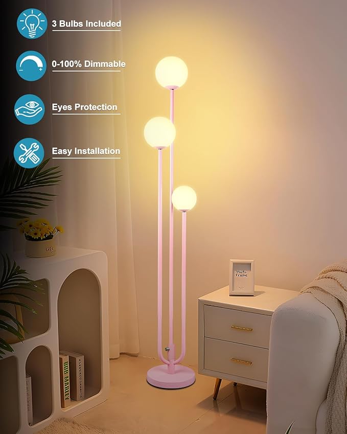 Lightdot 63IN Pink Floor Lamp Mid Century Modern Floor Lamp with 3 Globe 3000K Bulbs Included, 3 Lights U-Style Standing Lamp for Wedding Party/Living Room/Bedroom/Sofa Beside/Corner Decor