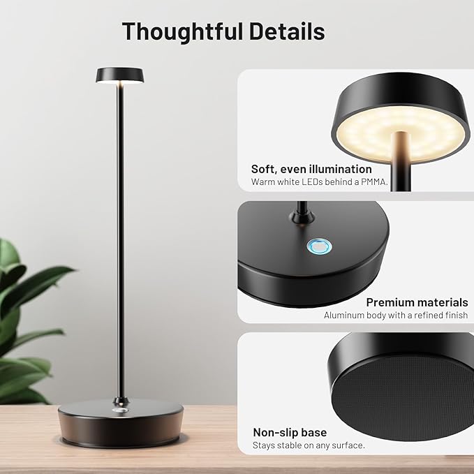 2Pack Cordless LED Table Lamp，Rechargeable Battery Operated Table Light, 3 Color Stepless Dimmable Table Lamp, Portable Table Light for Outdoor/Restaurants/Patio