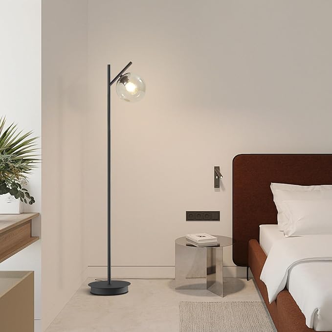 Vintage Floor Lamp for Living Room Mid Century Black Floor Freestanding Lamp Farmhouses Cognac Glass Globe Standing Tall Pole Lamp for Study Room Hotel Bedroom