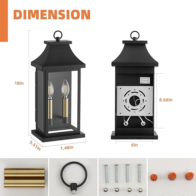 tewei 2-Light Black Outdoor Light Fixture, Porch Light Outdoor Wall Sconce Lantern, 18'' Exterior Lighting Fixture Wall Mount E12 Gold Base, Outside Light for House Backyard Garage, 1-Pack