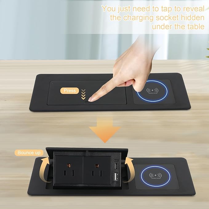 Table Pop Up Outlet Automatic Pop Up Strip Center Countertop Recessed Power Strip with 15W Wireless Charger + USB A + USB C + 2AC 5.9Ft Cord for Conference Desk Office Kitchen (Black-Wireless)