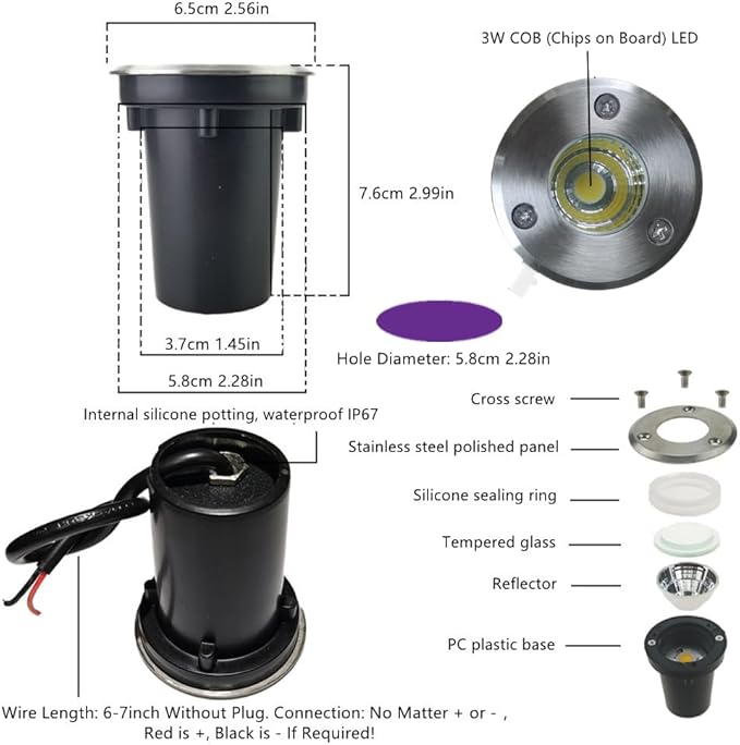 6 Pack 3W Cool White LED Well In Ground Landscape Lights IP67 Waterproof for Outdoor Lighting, Garden, Yard, Patio, Driveway, Deck, Step, Pathway, Low Voltage 12V 24V DC AC