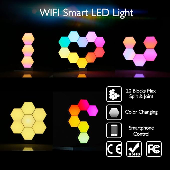 Yescom APP Control Smart LED Light Panels Hexagon Smarter Expansion Kit 16 Million Colors Changing Gaming Room Decor Touch Lamp Replacement
