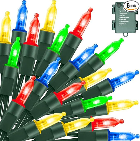 LAMPHOME Christmas Lights 6 Pack 18 Feet 50 LED Multicolor Mini String Light with 8 Modes Waterproof Tree for Xmas Outdoor Holiday Party Garden Decor, Multicolor