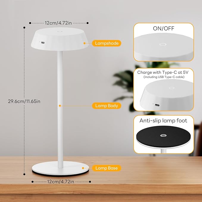 EppieBasic Rechargeable Table Lamps Cordless: Set of 2 Battery Operated Portable & 2700K Warm Light Metal Lamps for Living Room, Dining, Entryway