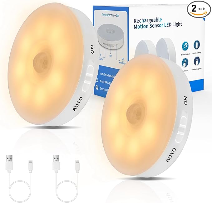 Improved LED Rechargeable Motion Sensor Light Indoor, Bright & Long-Lasting Battery, Stick-On Motion Sensor Puck Night Lights for Closet, Cabinet, Kitchen, Hallway, Stairs - Warm 2Pack