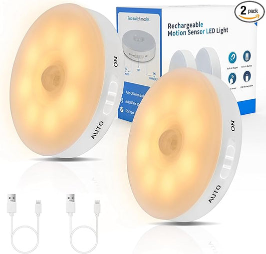 Improved LED Rechargeable Motion Sensor Light Indoor, Bright & Long-Lasting Battery, Stick-On Motion Sensor Puck Night Lights for Closet, Cabinet, Kitchen, Hallway, Stairs - Warm 2Pack
