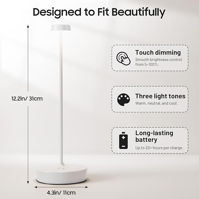 Cordless LED Table Lamp，Rechargeable Battery Desk Lamps, 3 Color Stepless Dimmable Metal Battery Table Lamps, Portable Waterproof Table Light for Restaurants/Bedroom/Bar (White)