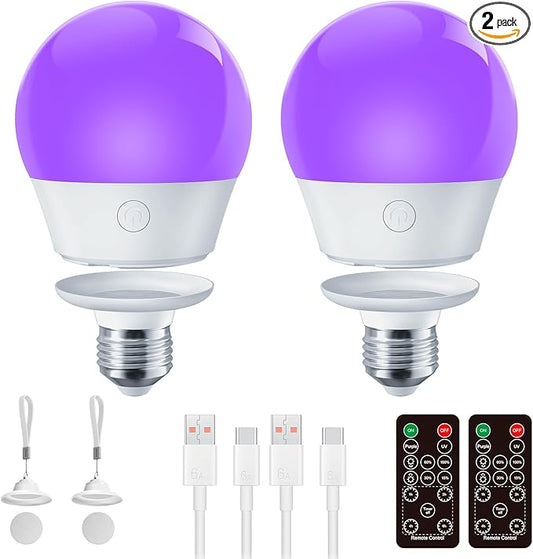 Brightown E26 Rechargeable UV Light Bulbs with Remote and Timer, 120V E26 Base UVA Level 385-400nm, Glow in The Dark for Blacklight Party, Body Pain, Halloween, Purple + UV Purple Mode, 2 Pack