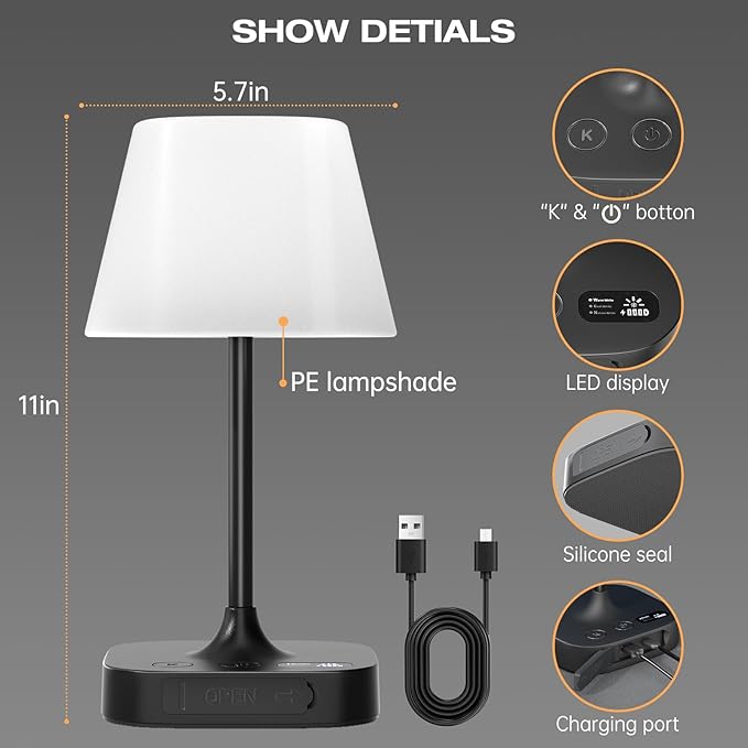 Lightbiz Outdoor Table Lamp, Shower Lamp with 8000mAh Cordless Rechargeable Battery, IP55 Waterproof, 3 Colors & 5 Brightness, Dimmable LED Display Bath Lamp for Camping,Bedroom,Patio,Bathroom(Black)