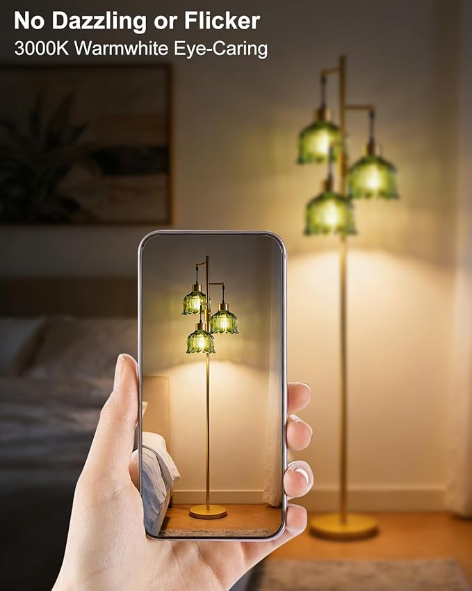 Gold Floor Lamps for Living Room, 3-Light Dimmable Floor Lamp with Green Glass Shade& E12 Bulbs Included, 65'' Mid Century Tall Standing Lamp for Bedroom/Sofa Beside/Corner Decor