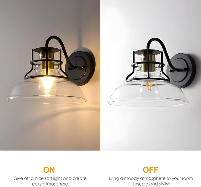 Gooseneck Barn Light Vintage Wall Lamp,Farmhouse Wall Sconces Indoor with Clear Glass Shade, Gold and Black Wall Sconce Over Kitchen Sink, for Bathroom Porch Kitchen Living Room Restaurant (2Pack)