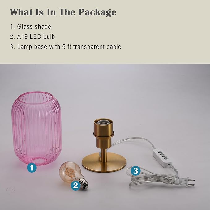 Mid Century Glass Table Lamp,Dimmable Desk Lamp,LED Bulb Included,Timer Build-in,Pink Ribbed Glass