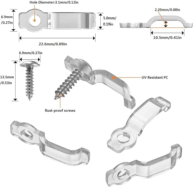 MMSD 100 Pack LED Strip Light mounting Bracket LED Tape clamp with 102 Screws Suit for 10mm Wide IP65 Waterproof Strip Light