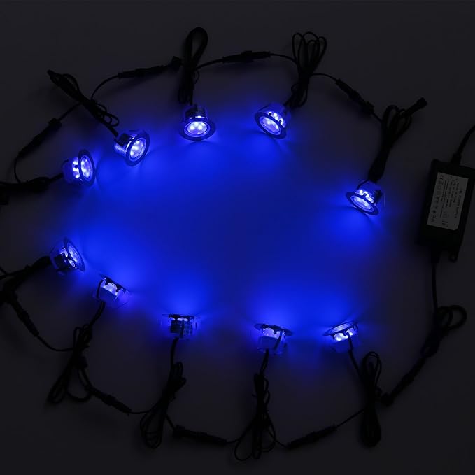 Low Voltage LED Deck Lighting Kit Stainless Steel 1W Waterproof Outdoor Yard Garden Decoration Lamps Landscape Pathway Patio Step Stairs LED In-ground Lights Silver Border(20pcs,Blue)