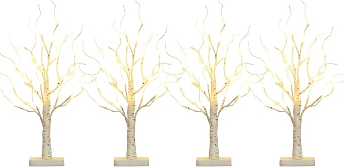 EAMBRITE Birch Tree with LED Lights for Christmas Decorations Indoor, Lighted Tabletop Tree 22 in 24 LED White Twig Battery Operated Mini Small Artificial Trees for Home Table Centerpiece Mantel 4pcs