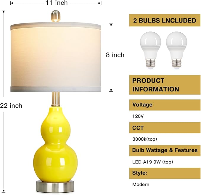 Double Gourd Ceramic Table Lamps Set of 2, Modern Yellow Bedside Lamps for Night Stand, Contemporary Nightstand Lamps for Bedroom Living Room (Bulb Included)