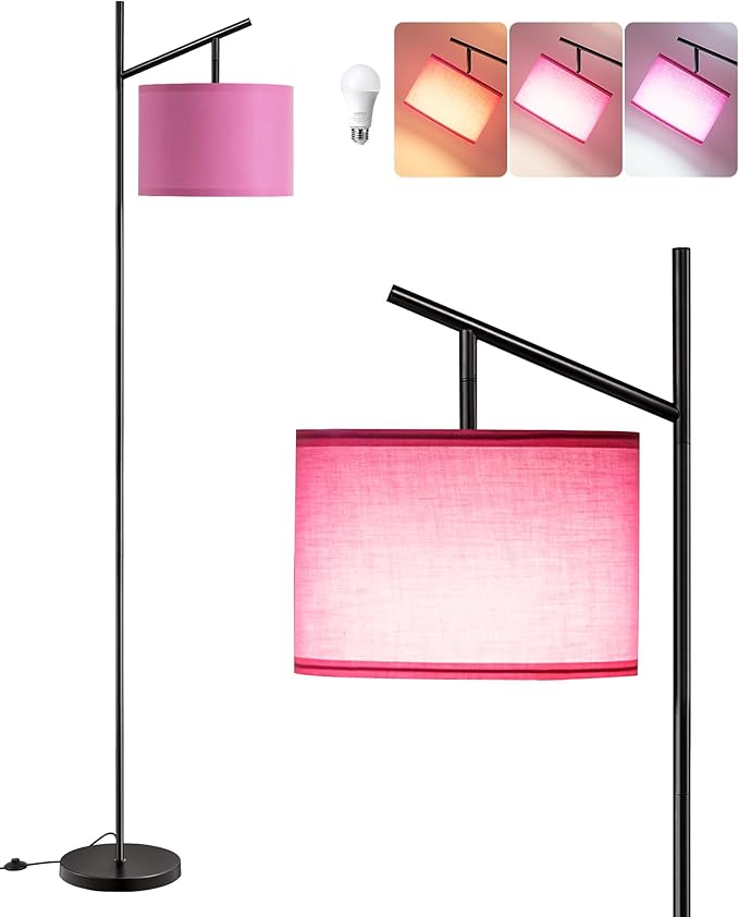 EDISHINE Modern Floor Lamps for Living Room, 64.7" Minimalist Standing Lamp with 3 Color Temperatures Bulb & Adjustable Linen Shade, Foot Pedal Switch, Arc Tall Lamp for Office Bedroom, Pink Shade