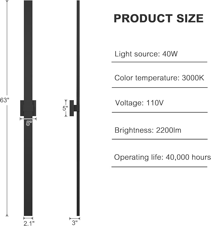LamQee 62.9 In Aluminum Long Outdoor Wall Lights, 3000K 2200LM LED Waterproof IP65, Modern Exterior Lighting Fixture Linear Outdoor Sconce Wall Mount Outside Lighting for House Porch Patio Garage Door