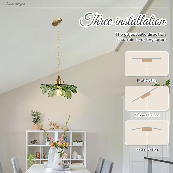 Modern Pendant Lights 2 Pack Green Glass Pendant Lighting Kitchen Island Hand Blown 1-Light Brass Pendant Light Farmhouse Hanging Light fixtures with Glass Shade for Dining Room Bedroom