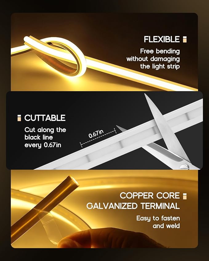 COB LED Strip Lights Daylight White 6000K,12V 16.4ft IP67 Waterproof High CRI 90Ra+ Super Bright,Flexible Tape Lights for Outdoor,Bedroom,Kitchent,Cabinet,Bathroom(Power Supply Not Included)