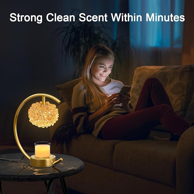Bronze Candle Warmer Lamp for Jar Candles with Adjustable Brightness＆Timer，Handcrafted Crystal＆Wooden Base,Candle Lamp Luxurious Design+2Bulbs,Home Decoration Electric Candle lamp(C-Shaped)