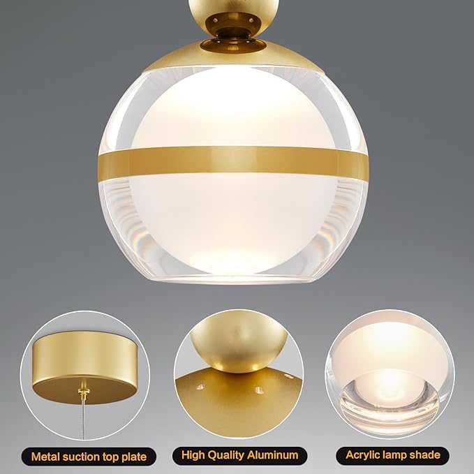 1-Light Gold Pendant Lights Kitchen Island Modern LED Ceiling Hanging Pendant Lights Acrylic Globe Pendant Light Fixtures for Dining Room Bedroom Living Room