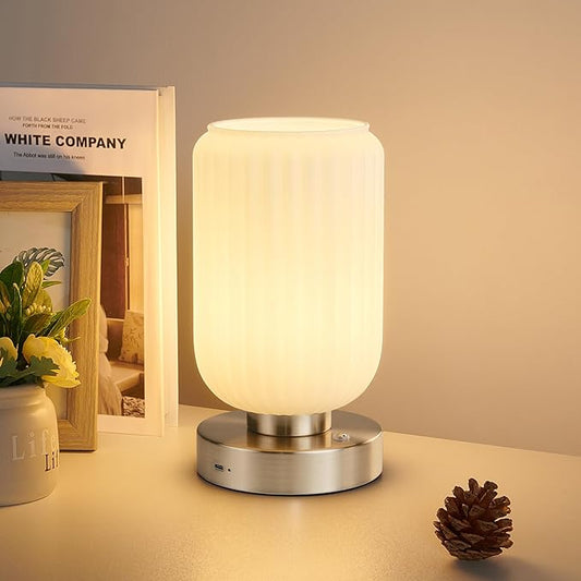 Cordless Table Lamp for Bedroom, 7500mAh Rechargeable Small Battery Lamp, Modern Touch Dimmable Wireless Lamp Brushed Nickel Base White Glass Shade for Living Room, Desk, Led Bulb Included