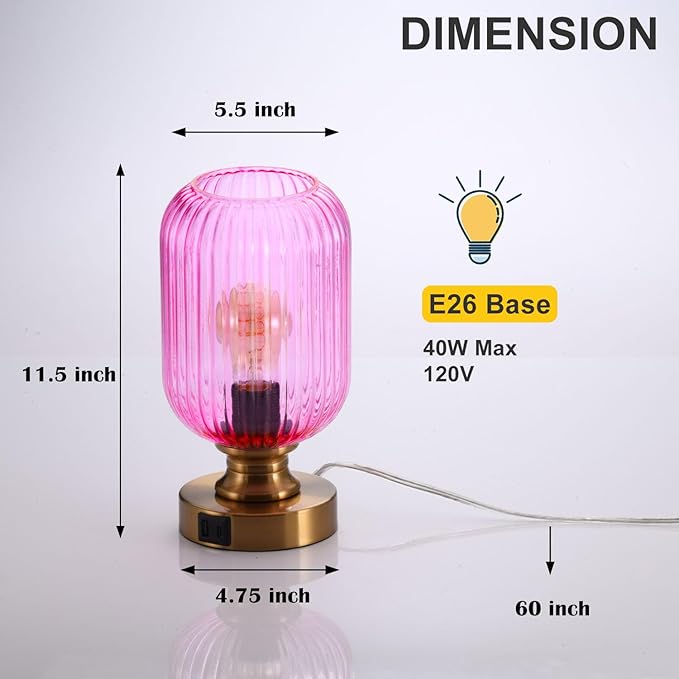 Mid Century Glass Table Lamp,Dimmable Desk Lamp,LED Bulb Included,Touch Control & USB A+C Port,Pink Ribbed Glass