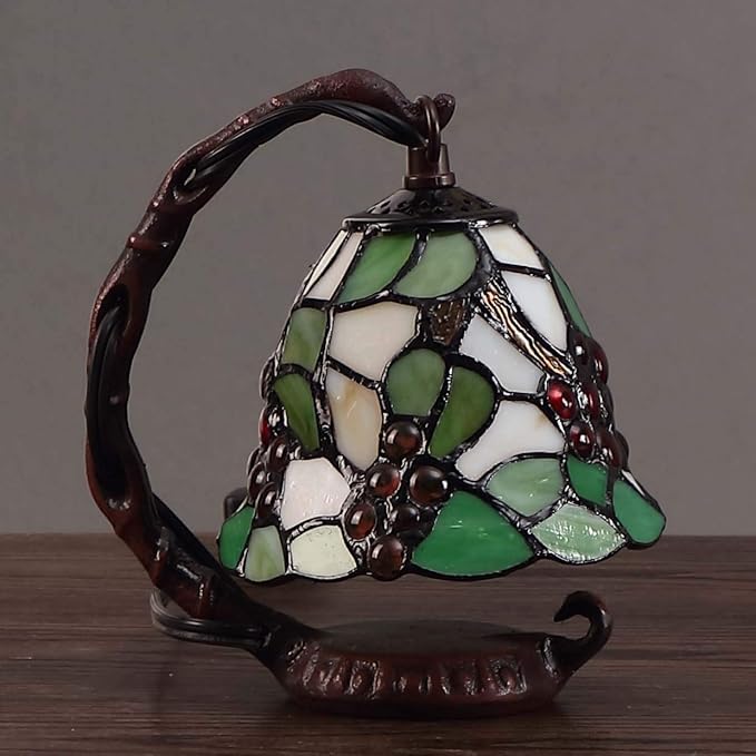Bieye L10035 Grapes Tiffany Style Stained Glass Table Lamp with 6-inch Wide Lampshade Hanging on The Base (Green)