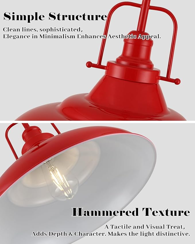 Red Pendant Light Kitchen Island,16 Inch Large Industrial Pendant Lights, Matte Red Pendant Lights, Vintage Farmhouse Pendant Light for Kitchen Island, Dining Room, Hallway (2 Pack)