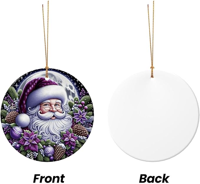 Merry Christmas Santa Claus Purple Christmas Ornaments, Christmas Decorations Xmas Tree Hanging Ornaments, Round Ceramic Festive Keepsake Gift for Xmas Decorations Holiday Home Decor