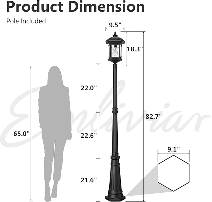 Emliviar 82" Solar Street Lamp Outdoor, LED Dusk to Dawn Pole Solar Light with Remote Control, Waterproof Post Lighting with Seeded Glass, A2202110PL-SL BK