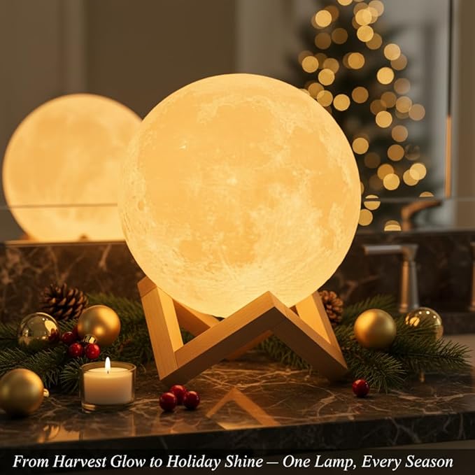 Mydethun 3D Moon Lamp, 9.6' Large Night Light with Wooden Base, Touch-Dimmable & Rechargeable, Gift for Mom, Bedroom, Home Décor, Dual-Color White/Warm Yellow