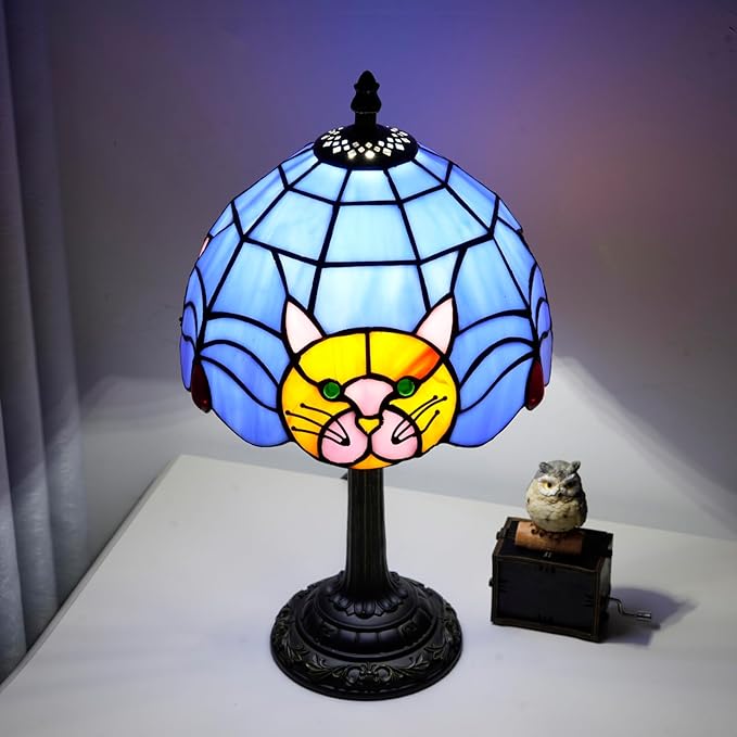 Stained Glass Table Lamp 8 Inch Orange Warm Ambient Lighting Bedroom Small Nightstand Dorm Cafe Office Corner Vintage Home Decoration Table Lamp Blue Cute Cat Lamp