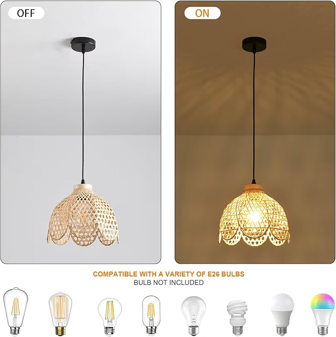 3-Pack Mini Bamboo Pendant Light,10.23IN Petal Rattan Chandelier Hand Woven Wicker Hanging Light for Kitchen Bedroom Dining Room Living Room Stairs Hallway Apartment