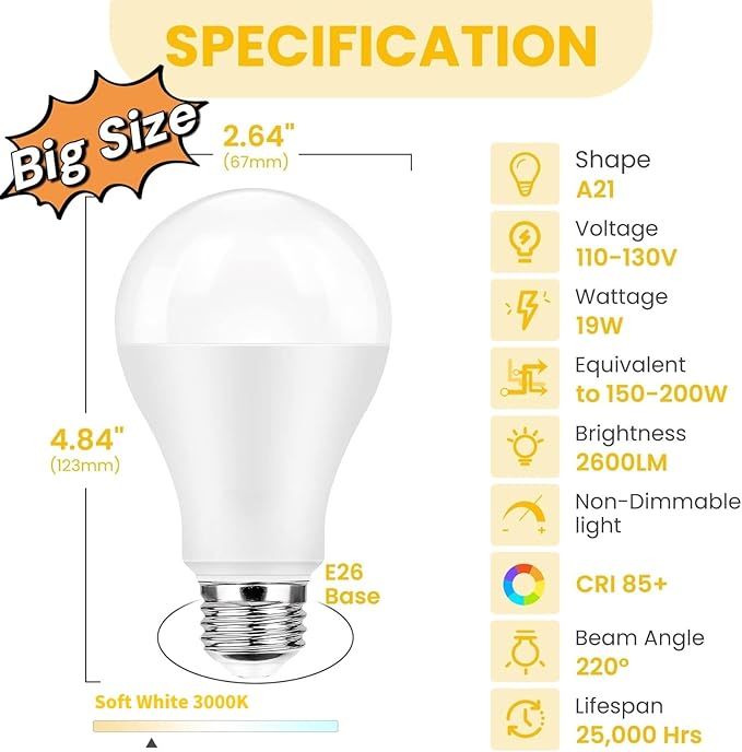 Super Bright A21 LED Light Bulbs, 150 Watt 200 Watt Equivalent, Soft White 3000K, High Lumen 2600lm, E26 Base, Non-Dimmable, 19W Energy Saving Bright LED Bulbs for Home & Office, 2-Pack
