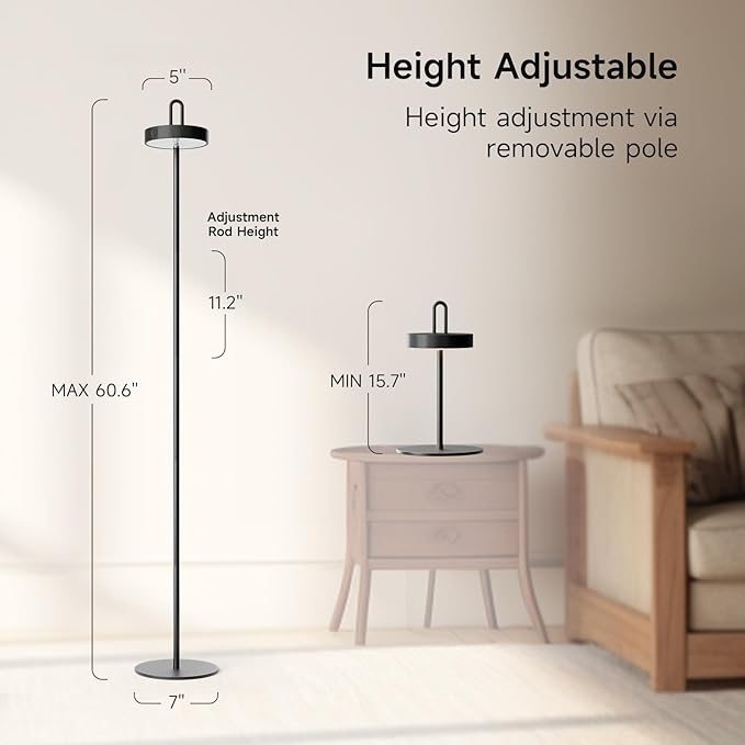 Cordless Floor Lamp for Outdoor/Indoor, Rechargeable Battery Operated LED Table Lamp, Touch Lamp with 3 Color Stepless Dimmable, Waterproof Wall Lamp with 5 Adjustable Heights