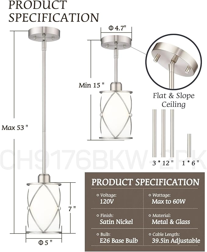 Brushed Nickel Pendant Lights Kitchen Island 2 Pack, Modern Glass Pendant Light Fixtures with Frosted Glass and Rods, Mini Hanging Lighting for Kitchen Sink Bathroom, CH9176BNW-2PK